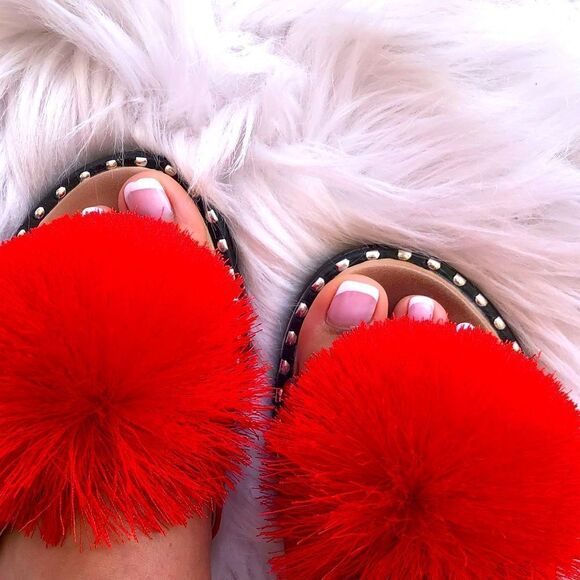 Restock! Summer Pom Pom Red Mule Slide Sandal - Picture 3 of 14